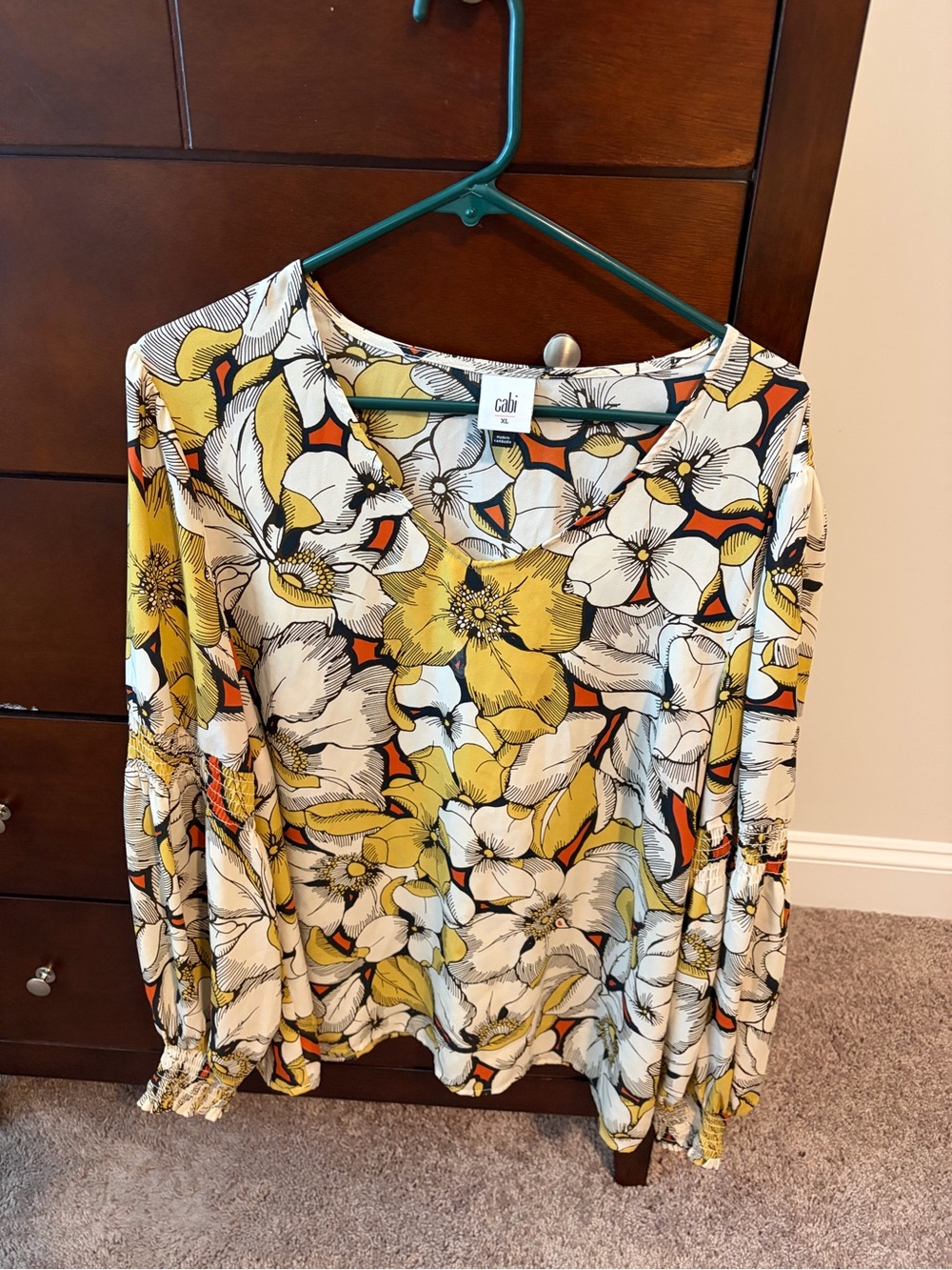 CAbi Yellow and White Floral Long-Sleeve Blouse